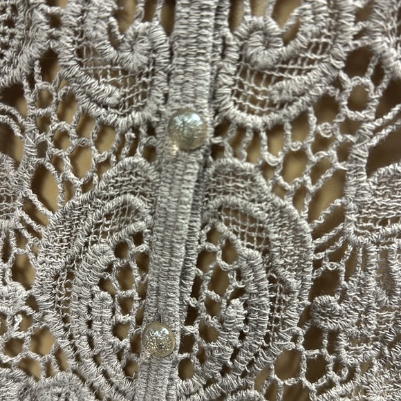 Questions by Say What Tan Crochet Knit Gem Button Down Half Sleeve Top Womens S - Picture 6 of 8